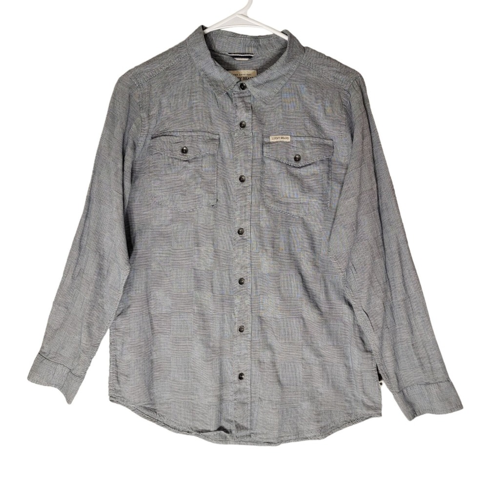 Lucky Brand Button Up Shirt Youth L Long Sleeve Checked Pockets Ombre Blue New